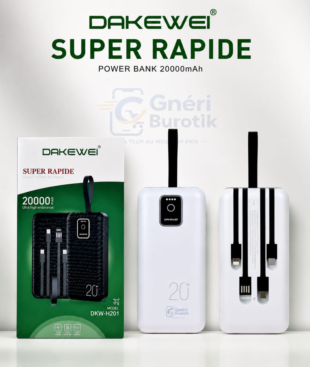 Powerbank Dakewei H201 20000mAh Blanc - 4 Cables Integres