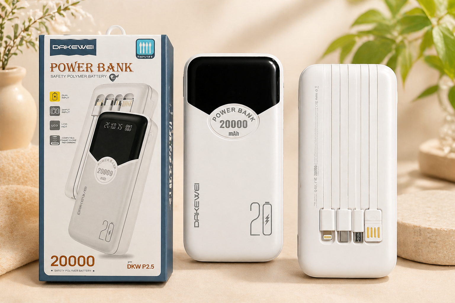 Powerbank Dakewei P25A Blanc 20000mAh - Cables Integres