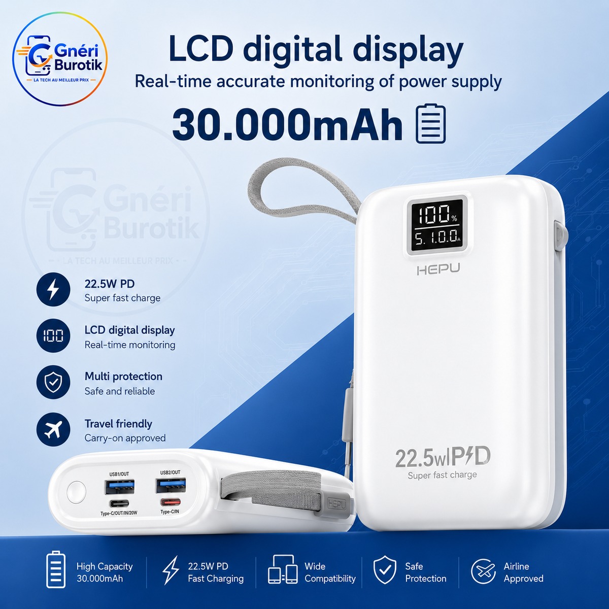 Hepu Powerbank 30000mAh HP-A03 Blanc - 22,5W Charge Super Rapide