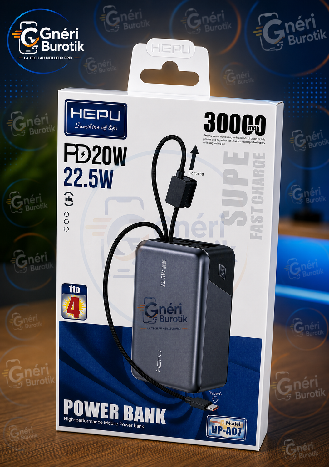 Hepu Mini Powerbank 30000mAh HP-A07 Gris - PD 20W + 22,5W Charge Super Rapide