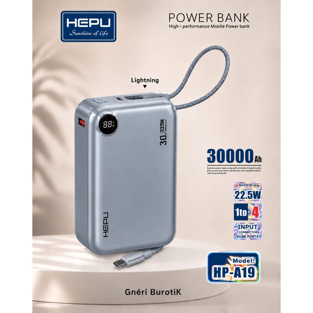 Hepu Mini Powerbank 30000mAh HP-A19 Gris - 22,5W Charge Super Rapide