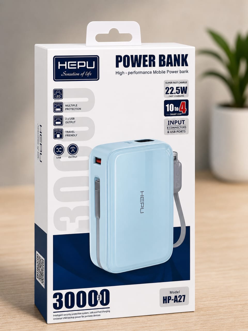 Hepu Powerbank 30000mAh HP-A27 Bleu - 22,5W Charge Super Rapide