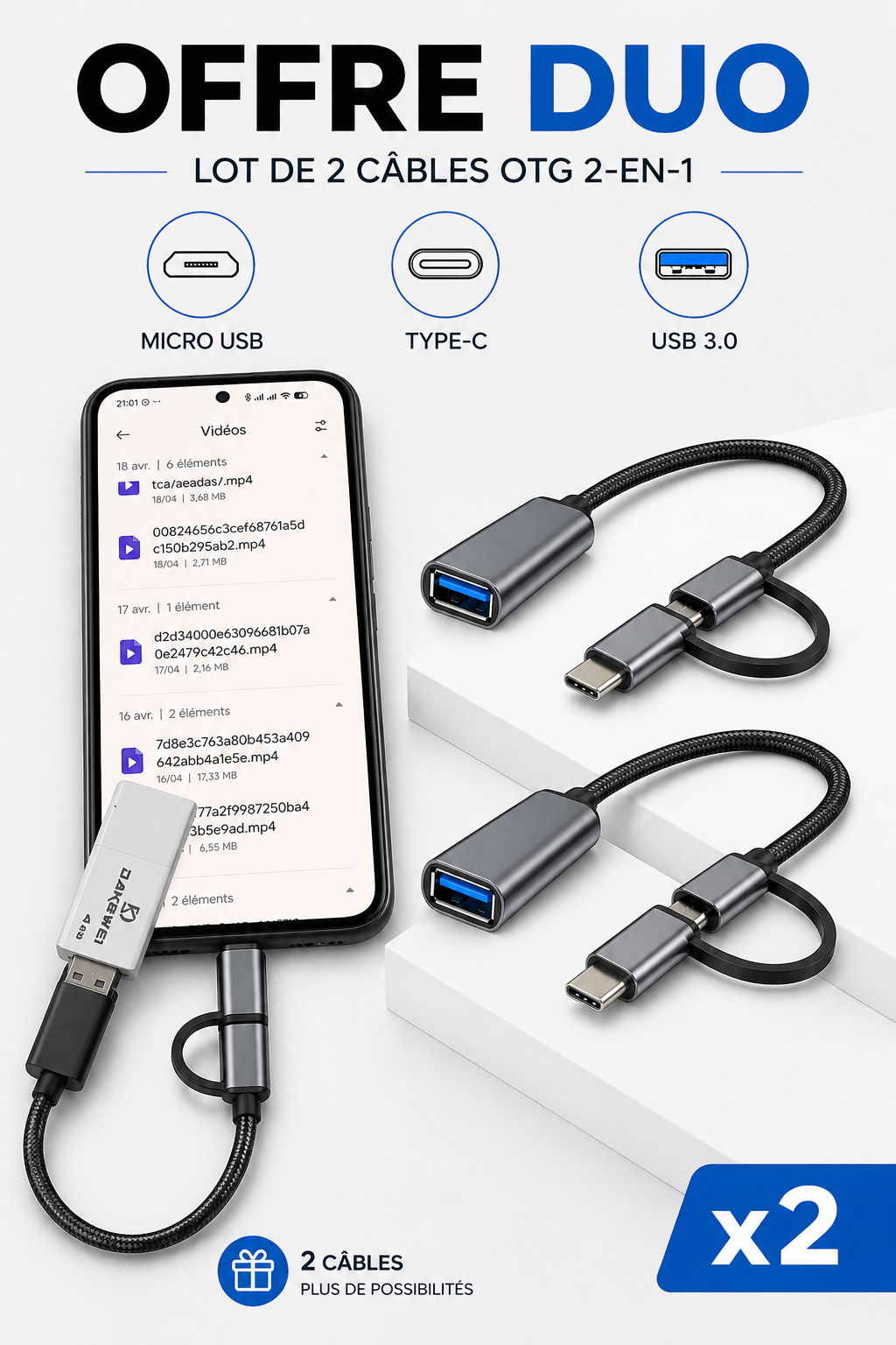 Promo Lot de 2 Cables OTG 2-en-1 (Micro USB + Type-C vers USB 3.0)