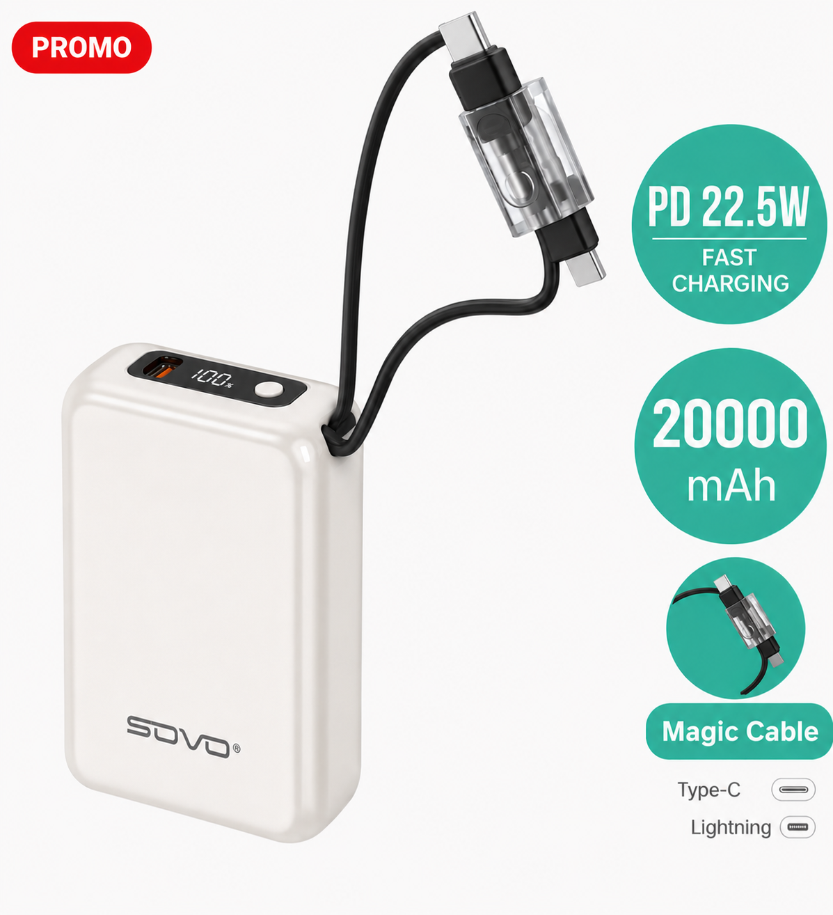 SOVO Mini Powerbank 20000mAh PD-60 Beige - 22,5W Charge Super Rapide