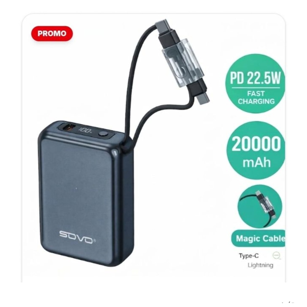 SOVO Mini Powerbank 20000mAh PD-60 Noir - 22,5W Charge Super Rapide