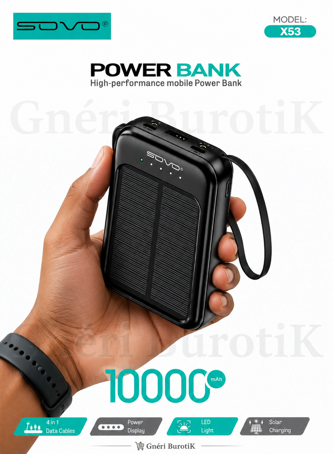 SOVO Powerbank Solaire X53 10000mAh Noir - 4 Câbles Intégrés + LED